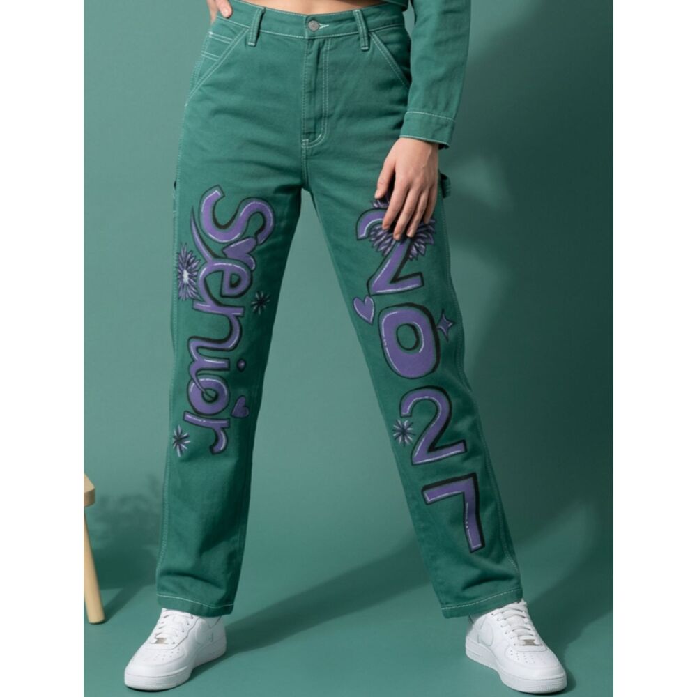 Hand painted Senior Jeans - S.O.N.G. Green carpenter boyfriend jeans, size 7/28